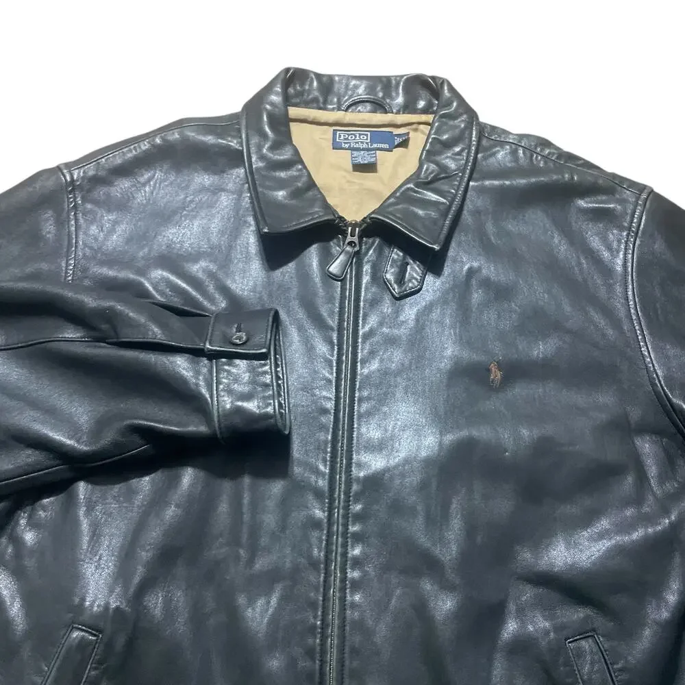 Vintage Polo Ralph Lauren Jacket Mens XXL Black Lambskin Leather Full Zip Pony